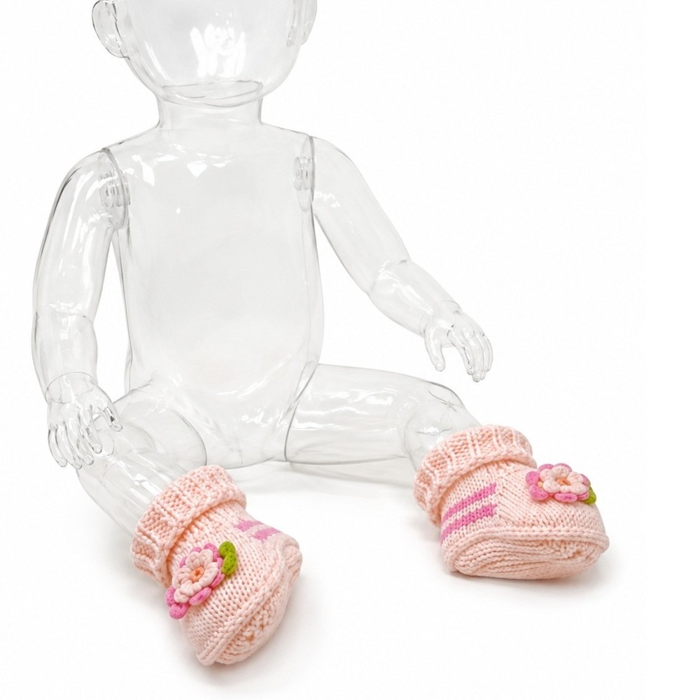 Handmade Pink Knit Baby Booties Floral Striped Infant Slippers 4" SKUK081